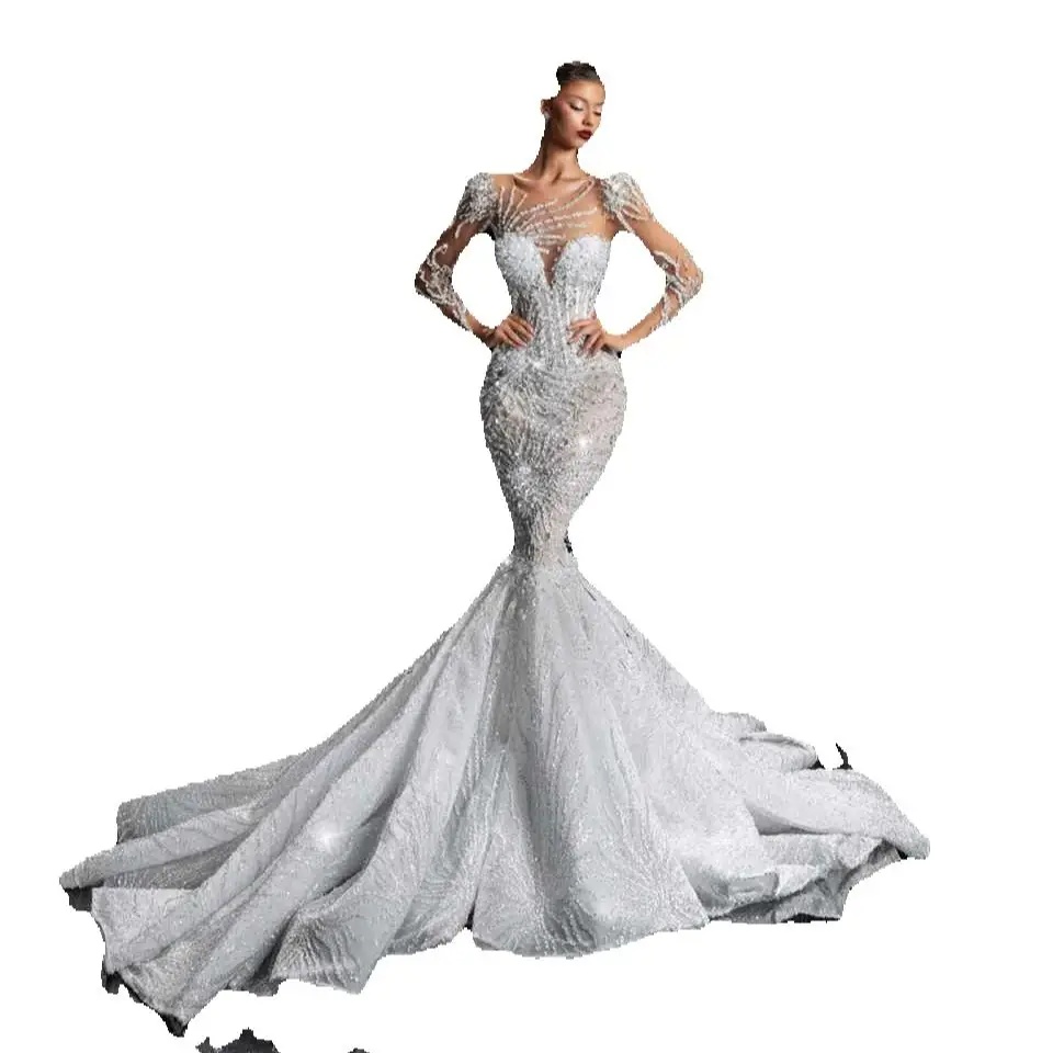 Luxurious Rhinestone Wedding Dress Women Beaded Sequined Lace Mermaid Bride Dresses Customized Long Sleeve Bridal Gown