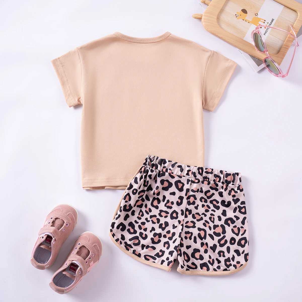 Childrens leopard print set fashionable summer sportswear solid color top+shorts sportswear casual set fashionable daily clothingXJ250410