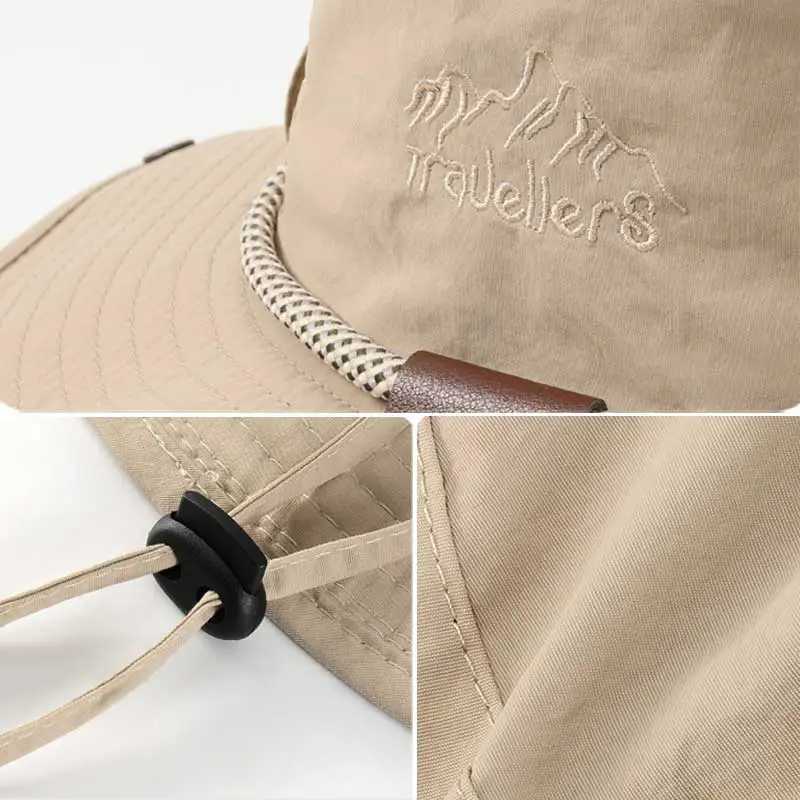 Men Bucket Hat Letter Embroidery Leather Label Cowboy Hat Waterproof Outdoor Hiking Fishing Cap Light 8cm Brim Anti-UV Sun HatC250411