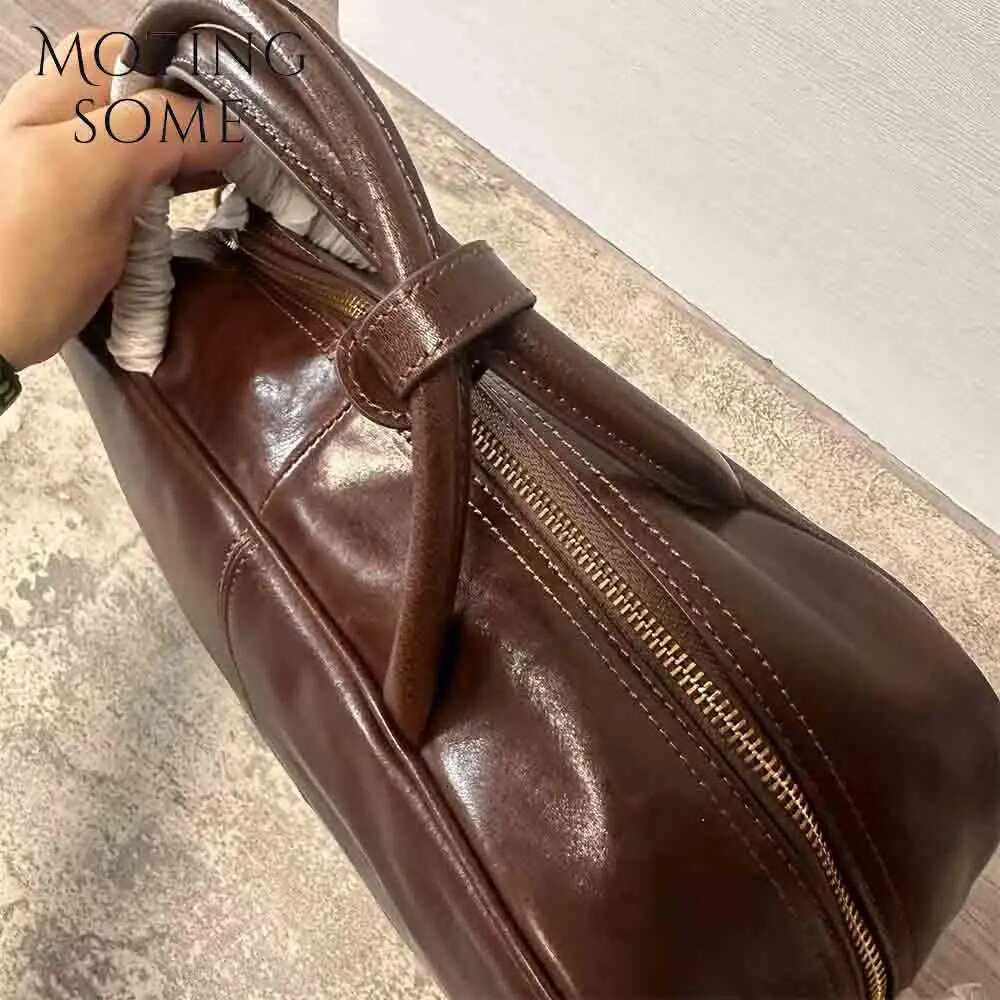 Motingsome Vintage Boston Bag For Women Designer Bags Top Quality Full Grain Leather Handbag Retro Cowhide Tote 2024 New
