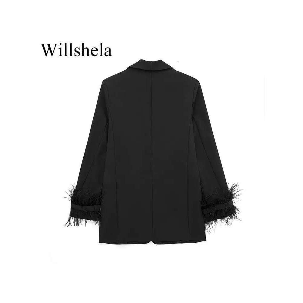 Willshela Women Fashion Satin Black With Feather Blazer Jacket Vintage Notched Neck Single Button Long Sleeves Female Outfits
