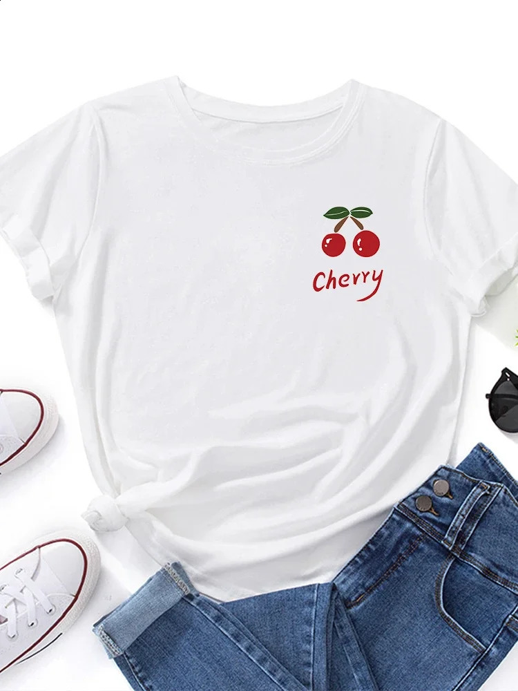 On Chest Red Cherry Print Women T Shirt Short Sleeve O Neck Loose Women Tshirt Ladies Tee Shirt Tops Camisetas Mujer 250410