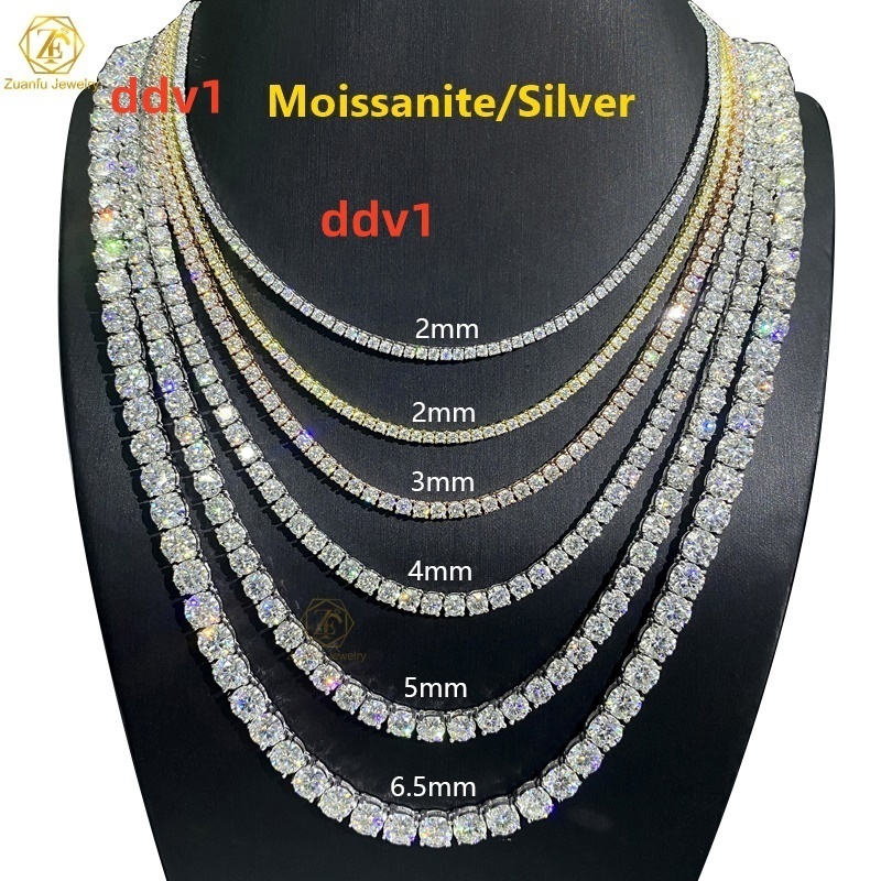 Hip Hop Iced Out D Color White VVS 925 Sterling Silver 2MM 3MM 4MM 5MM 65MM Moissanite Diamond Tennis Chain Necklace Women