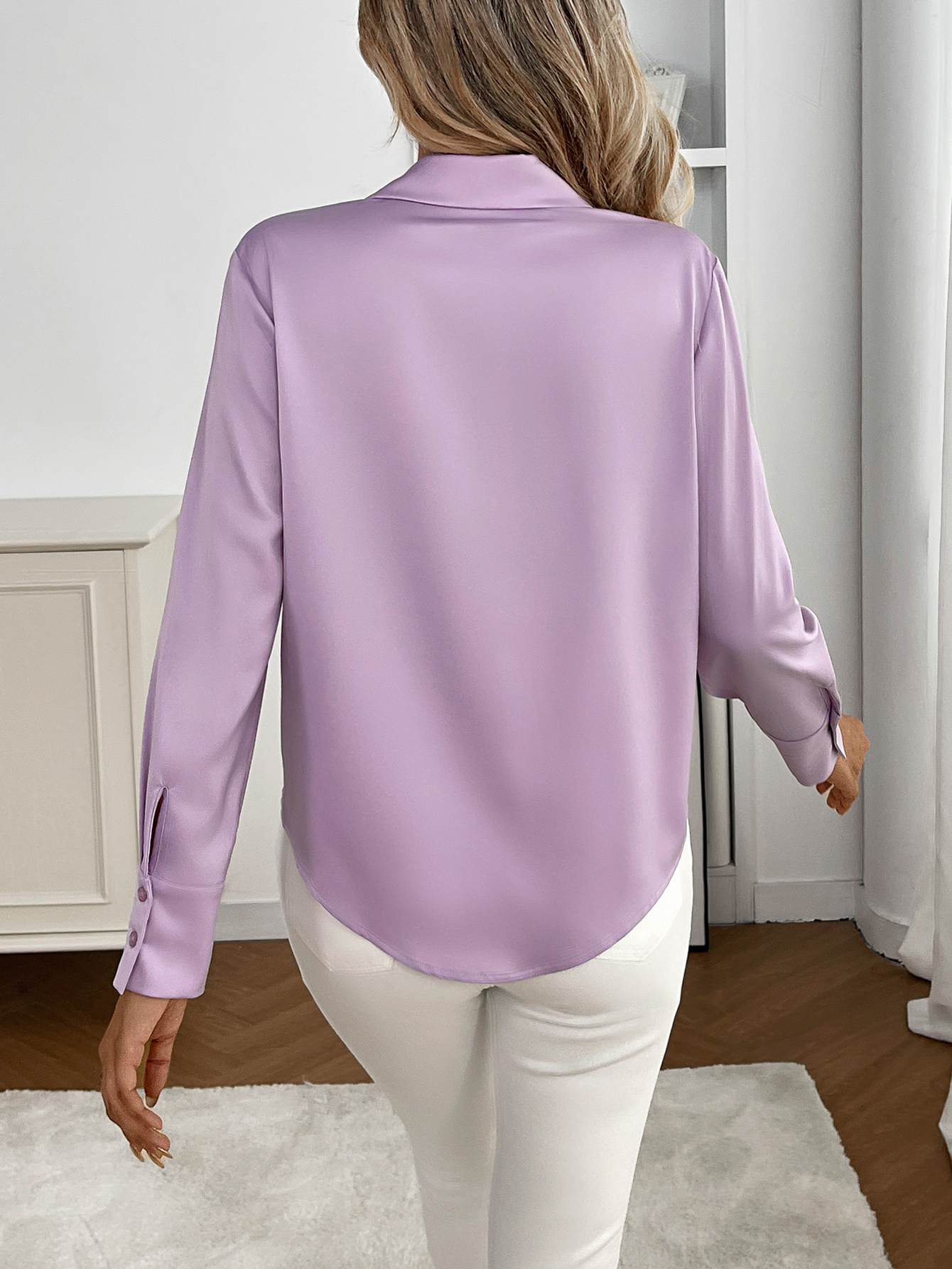Women's Lilac Satin Button-Down Shirt, Elegant & Stylish Office Commute Top, Long Sleeve Lapel Blouse, Versatile for Work & Daily Casual Outfits-