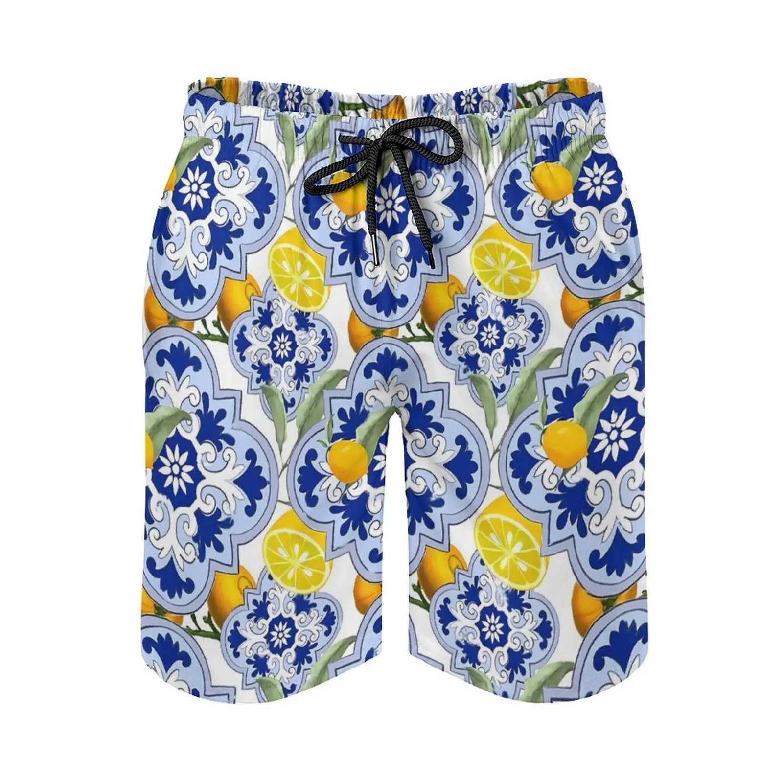 Gym shorts retro blue flower retro swimming dried lemon fruit print mens quick dry running hot selling plus size beach shortsW250410