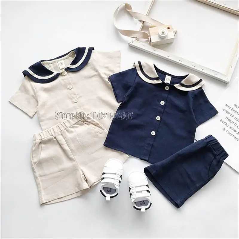 Navy sled childrens sailor collar cotton linen T-shirt+pants 2-piece summer clothing set for boys and girlsXJ250410