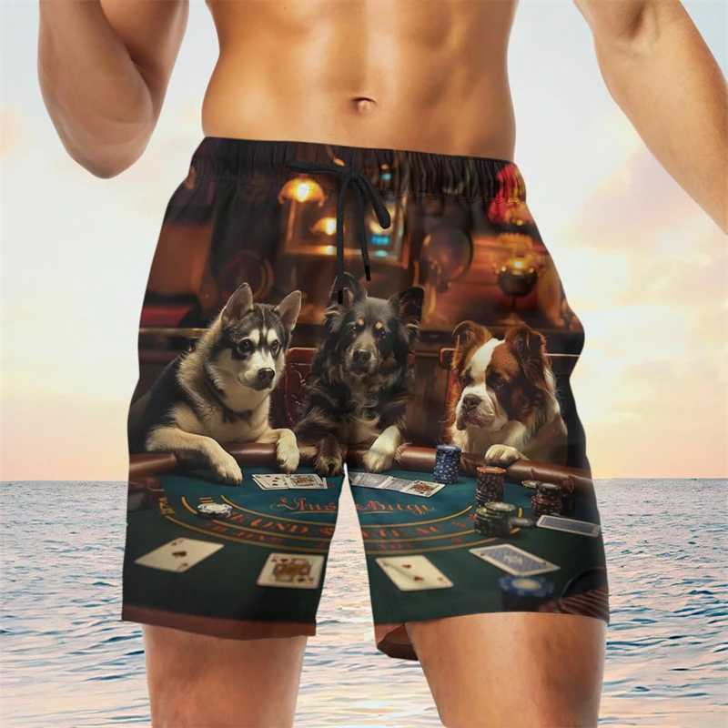 Trend Poker Animals 3D printed beach shorts mens fashionable summer street clothing skeleton graphic shorts cool oversized swim trunksW250410