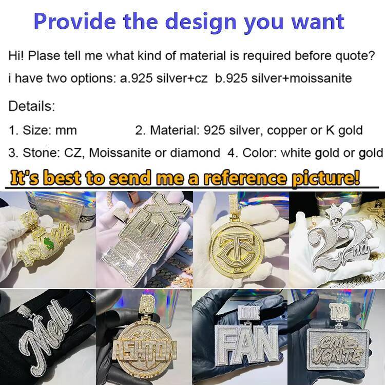 Iced Out Bling Hip Hop Jewelry 925 Sterling Silver Rectangle Letter Name Custom Moissanite Pendant Hiphop Customizable