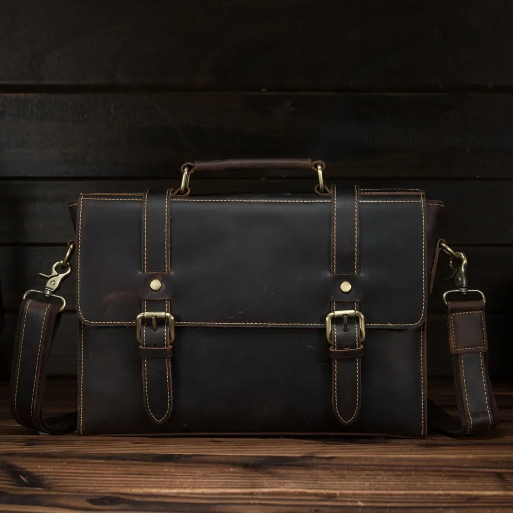 Retro Leather Mens Crazy Horse Leather Handbag Cross Denim Single Shoulder Cross Business briefcase 250410