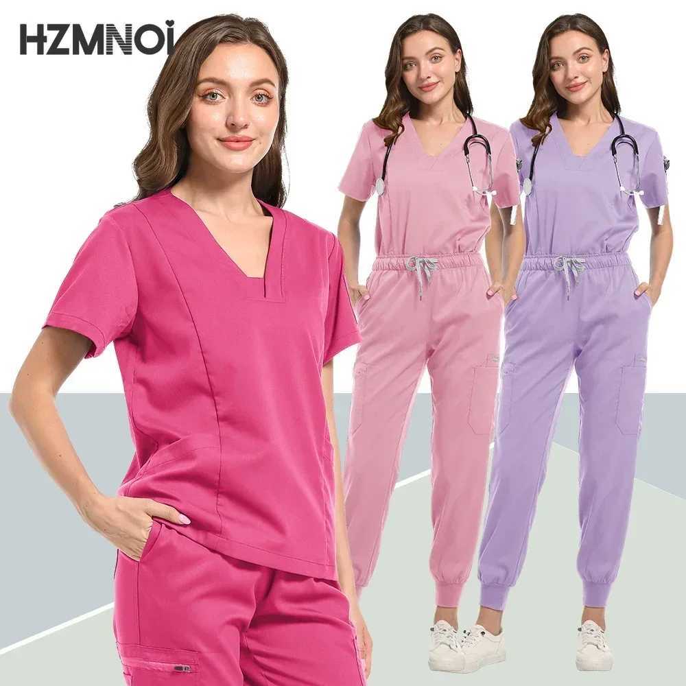 Solid Color Scrub Tops Pants Suit Pet Hospital Uniform Surgical Gown Pocket V-neck Scrub Workwear for Women Nurse Uniforms Women X250410