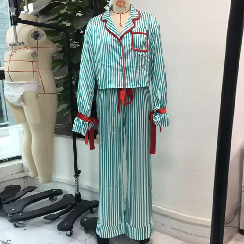 Christmas Pajamas Striped Button Up Crop Blouse Bowknot Long Sleeve Shirt Tops Wide Leg Pants Women Holiday Lounge Sleepwear 251106