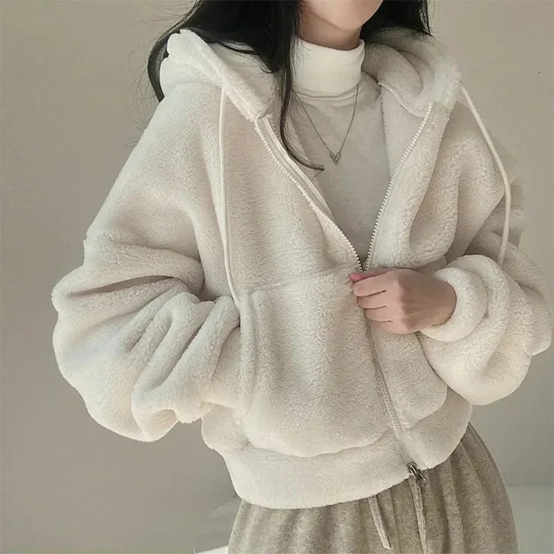 Women Lamb Fleece Hoodies Solid Color Autumn Winter Zipper Jackets Thicken Warm Hooded Coats Ladies Casual Plush Outerwear 251106
