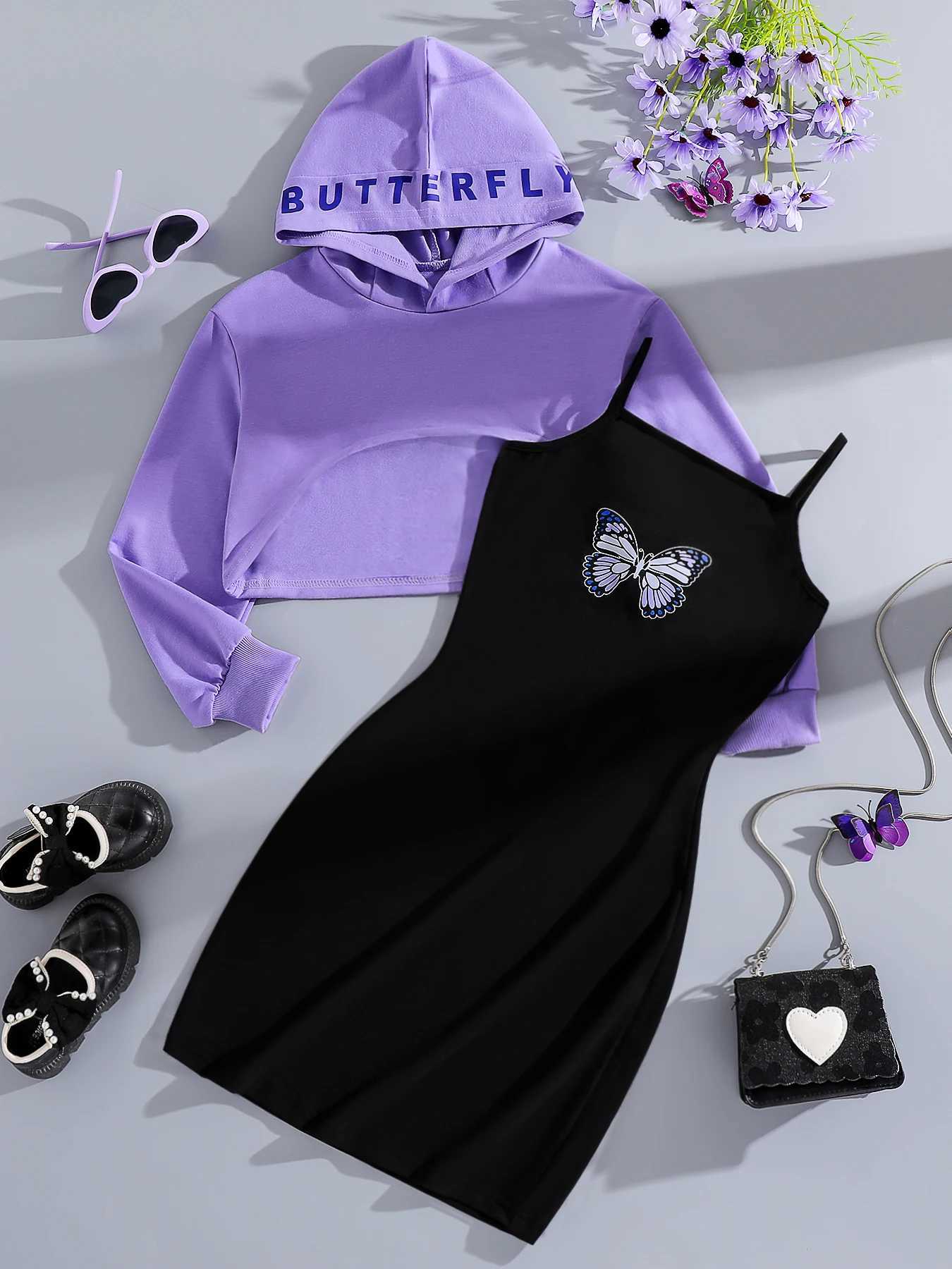 Spring and autumn childrens clothing girls fashionable outdoor casual purple hooded sweater+butterfly printed black vest setXJ250410