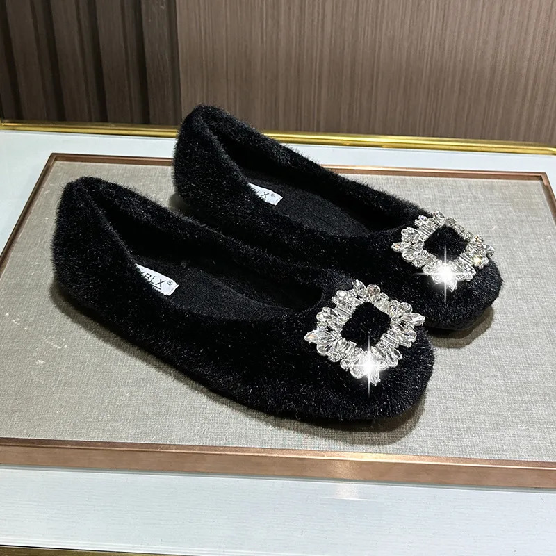 Rhinestone Buckle Fur Shoes Woman Rabbit Hair Flats Soft Furry Loafers Winter Square Toe Cotton Mocasines Mujer Fluffy Ballerina 251110