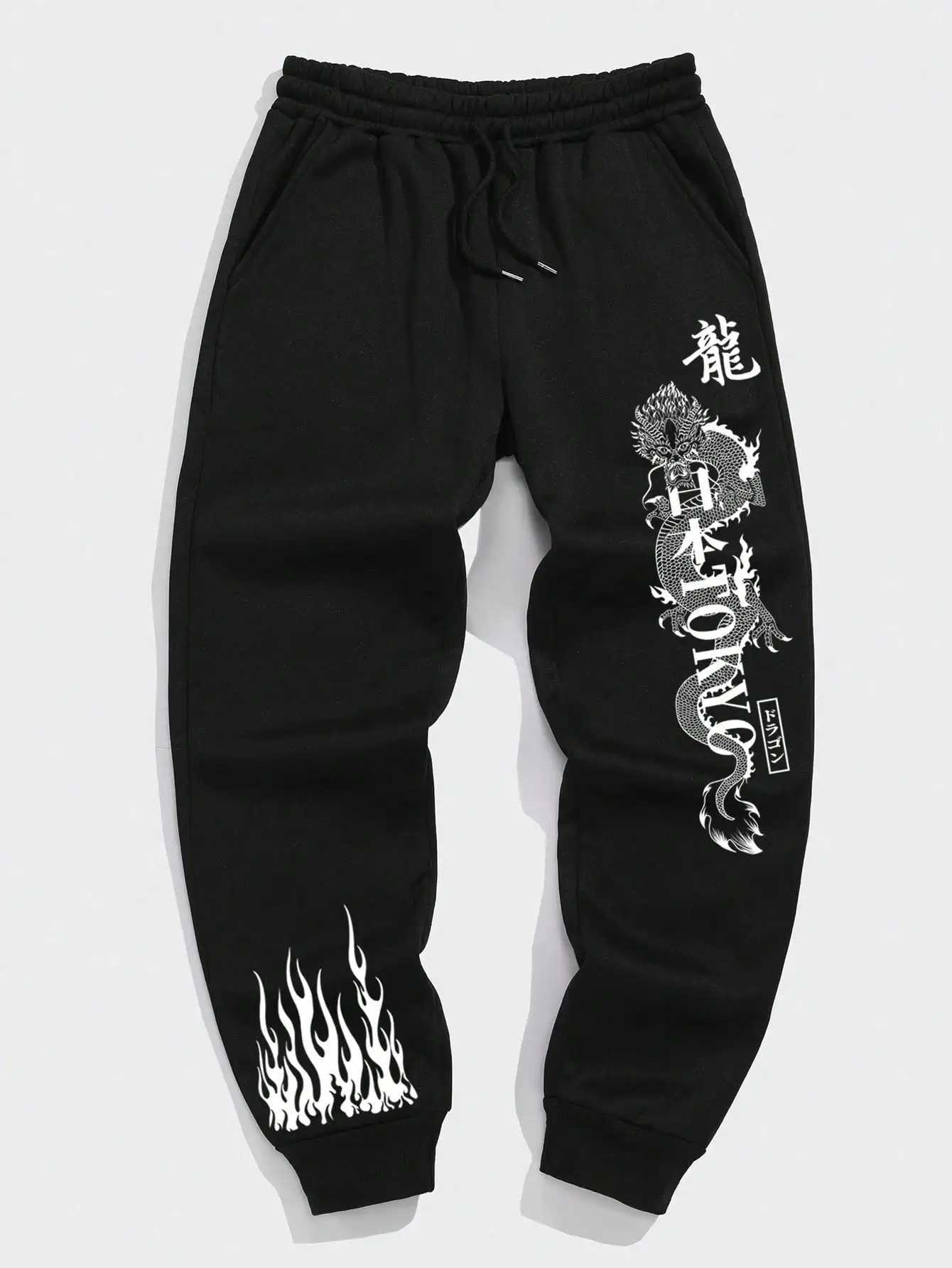 Mens sports pants fashion letter and flame print brushed waist spring/summer sports pants version sports pants S-3XLXJ250410