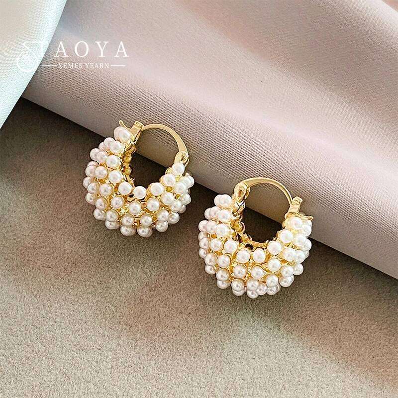 2025 New Design Rice Pearl Embellished Metal Flower Basket Earrings For Korean Women's Fashion Jewelry Ear Accessories