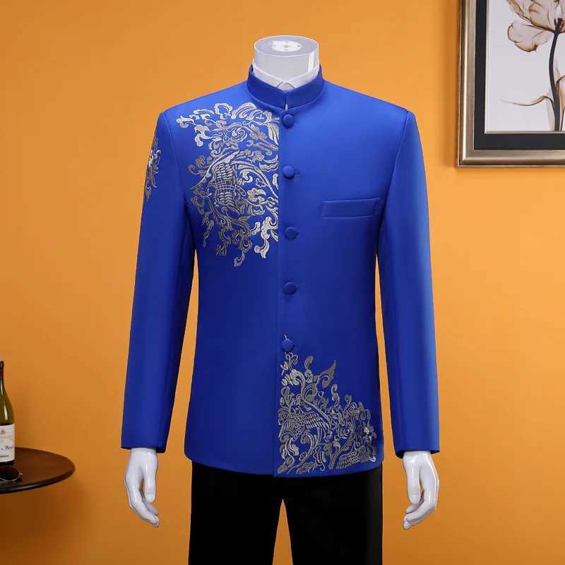 New mens stand up collar embroidery set 2-piece fashionable mens business social wedding dance stage performance dress jacket pants W250410