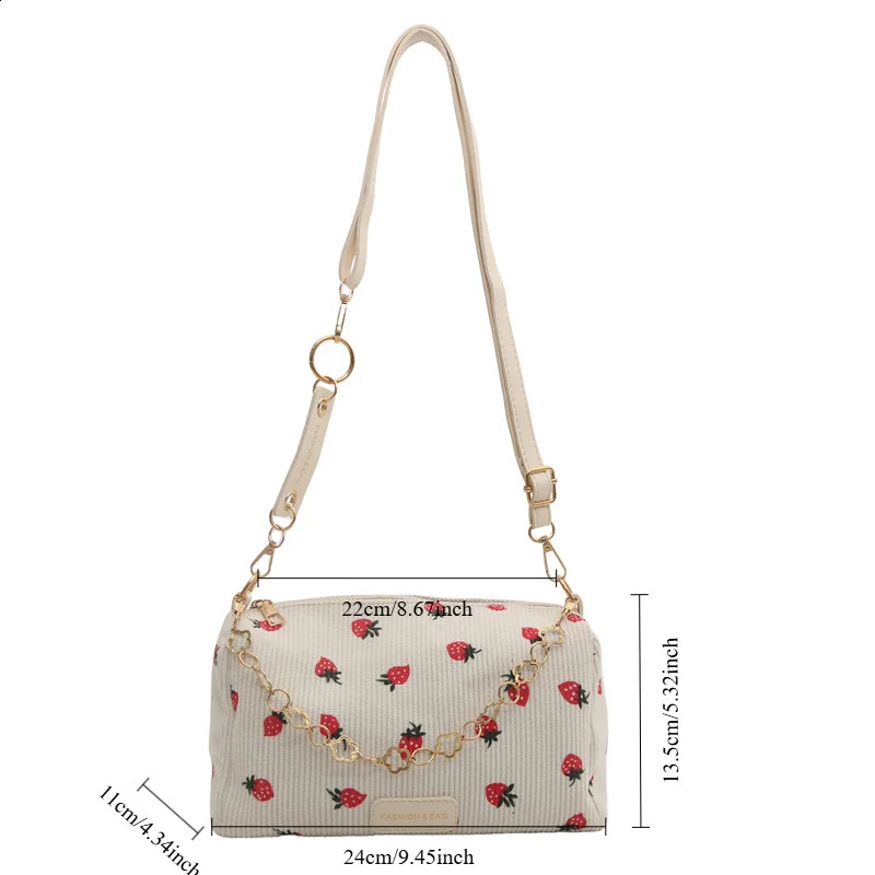 Strawberry print horizontal mini bag Corduroy Fresh Ins style lingerie refined female student travel shoulder 250401