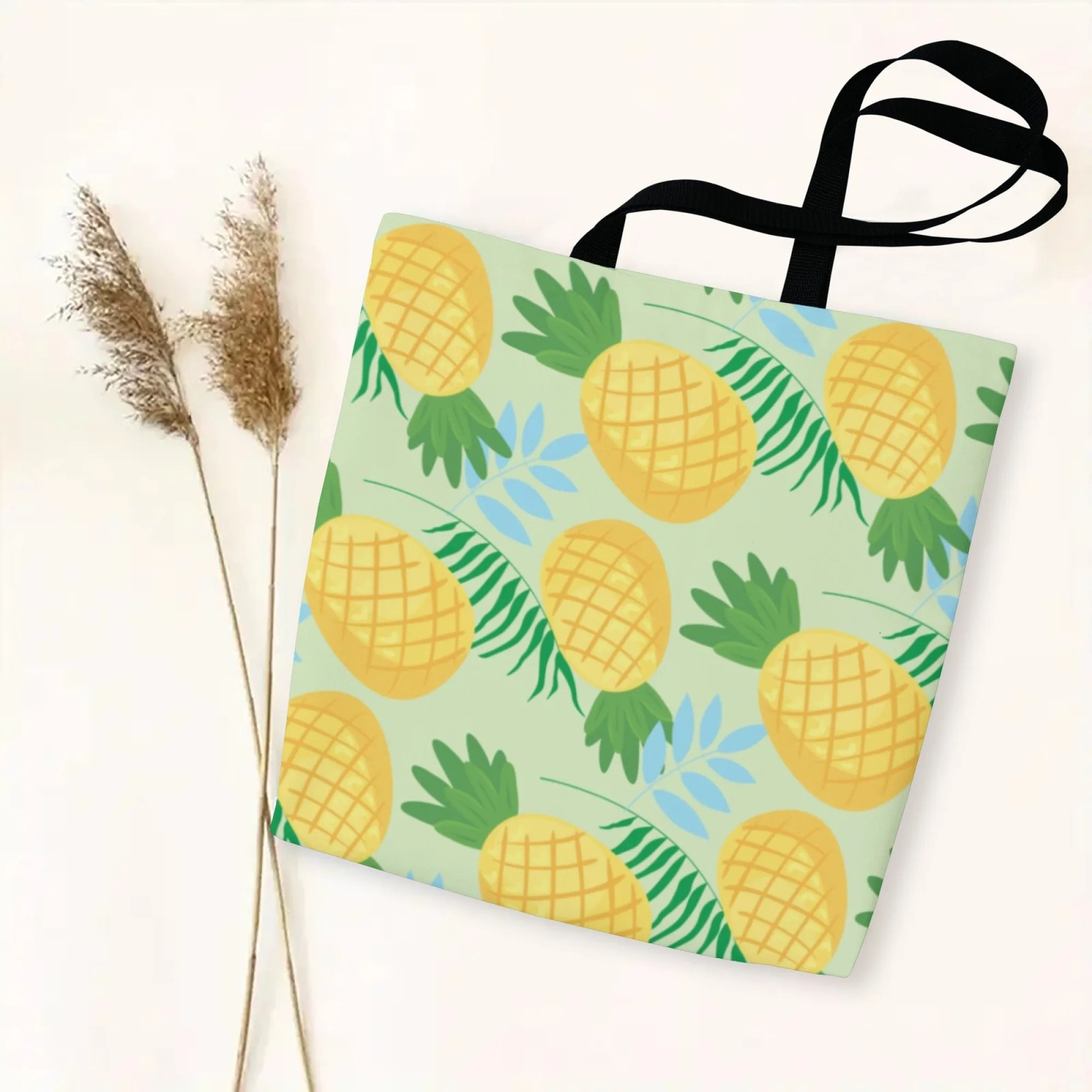Korean Tropical Trend Canvas Tote Women Bag Light Green Pineapple Print Fashion Reusable Handbag Perfect for Daily Commute 251110