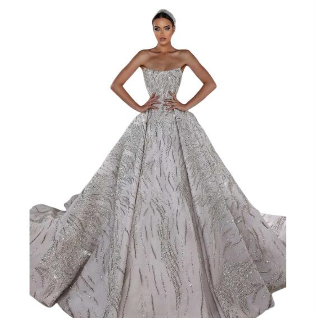 Luxurious Beaded A Line Wedding Dresses Strapless Sleeveless Bridal Gowns Glitter Crystal Robe De Mariee Customized