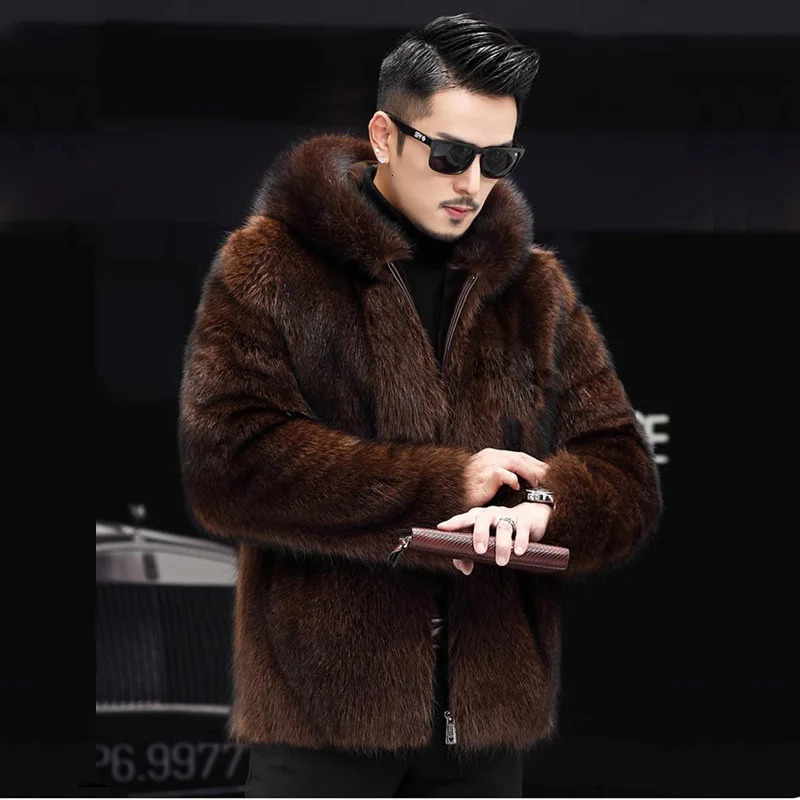 S-6XL Size Fashion Men Jacket Warm Hooded Faux Fox Fur Mink Mens Winter Coat Brown Outdoor Sports Wear Casual Short Parkas 251105