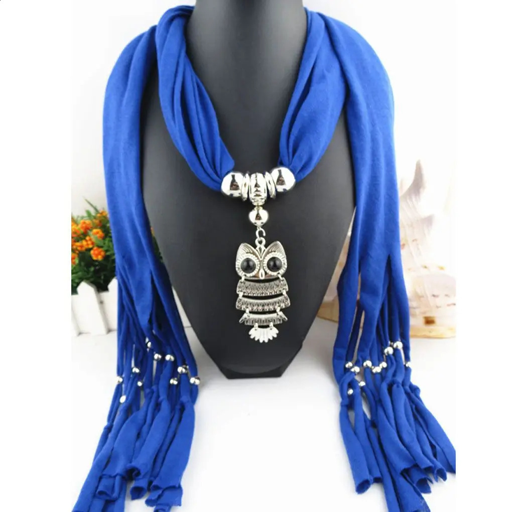Womens Classic Owl Pendant Jewelry Scarf Necklace Scarf Edge Long Scarf 250409