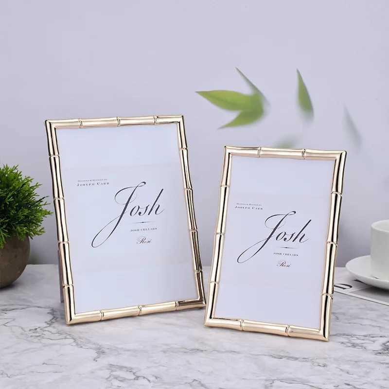European Retro Luxury Metal Pendulum Table Light Gold Bamboo Square Photo Frame 6 7 10 vertical Decoration L251110 H260306