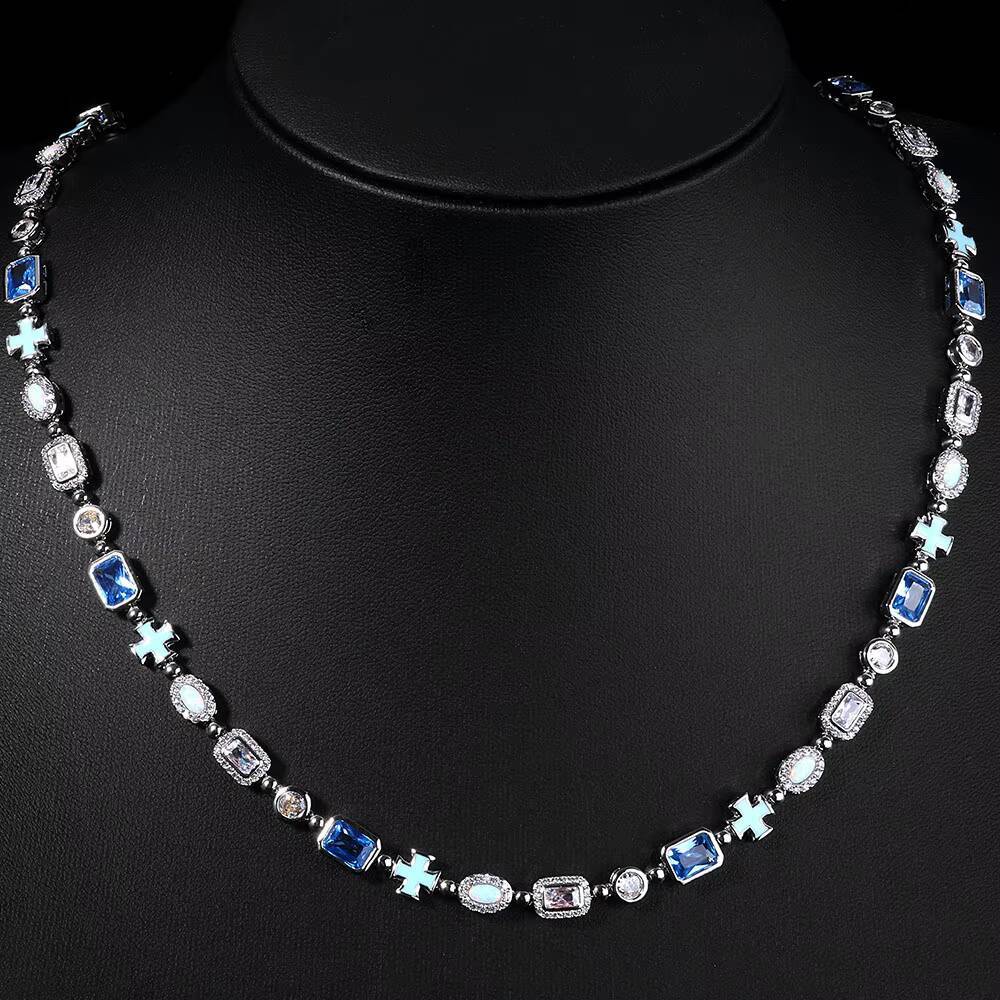 NUOYA 6mm Oil Drip Cross Necklace Geometric Design Iced Out Colorful Moissanite Stones Hip Hop Fine Jewelry Chain