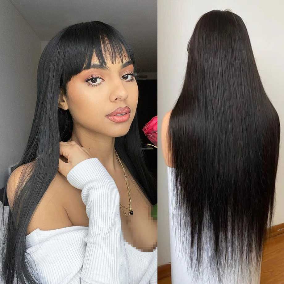 Bone Straight Human Hair Wig With Bangs For Women 30 Inch Brazilian 3x1 Lace Wigs Glueless Wig Human Hair Natural Black ColorT251111
