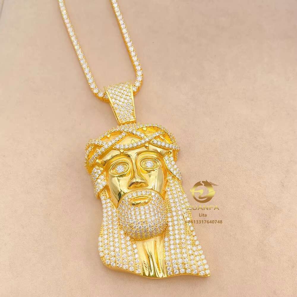 Buss Down Luxury 18k Gold Plated Sterling Silver Jesus Face Big Diamond Men Moissanite Pendant Necklace