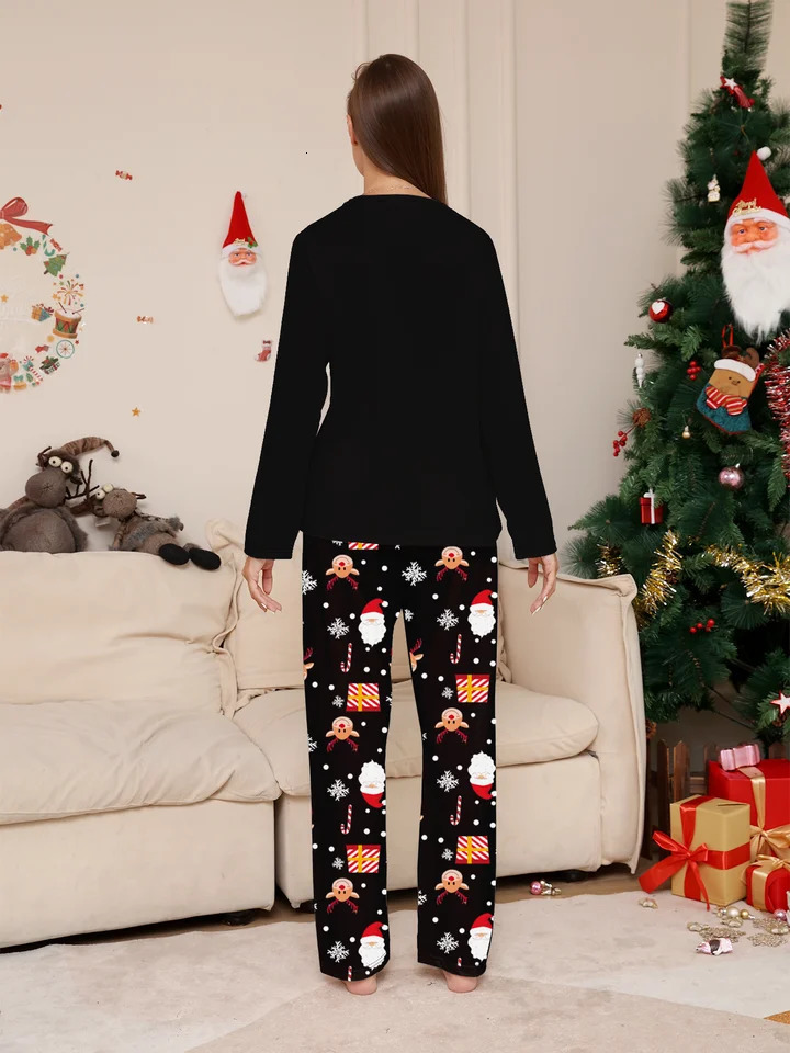 Merry Christmas Couple Pajamas - Long Sleeve Black Santa Print Festive Pattern Pants Set 251106