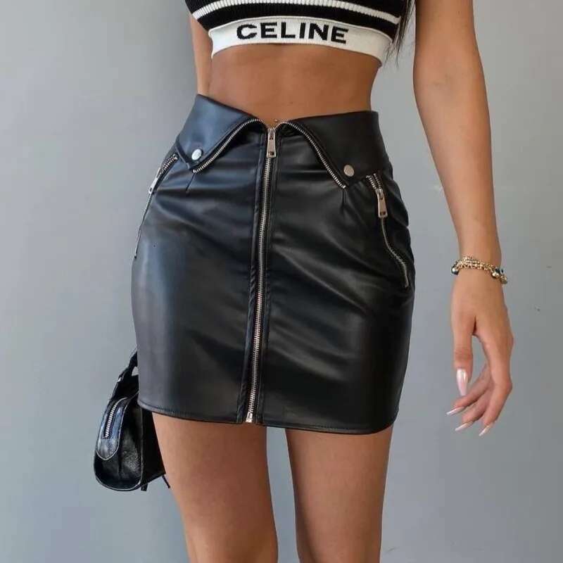 Candyhot Sexy Y2k PU Leather Zipper Casual Skirt Chic Multi Zip Fashion Slim Hip Skirts Summer Club Party High-Waist Mini Dress