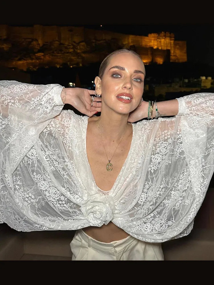 2025 Sexy Womens See Through Crop Tops White Lace Hollow Out 3d Flower V Neck Blouses Summer Vacation Short Full Sleeve Shirts 250409