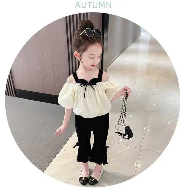 Childrens clothing set hanging bubble sleeve top+flat pants 2-piece set childrens clothingXJ250410