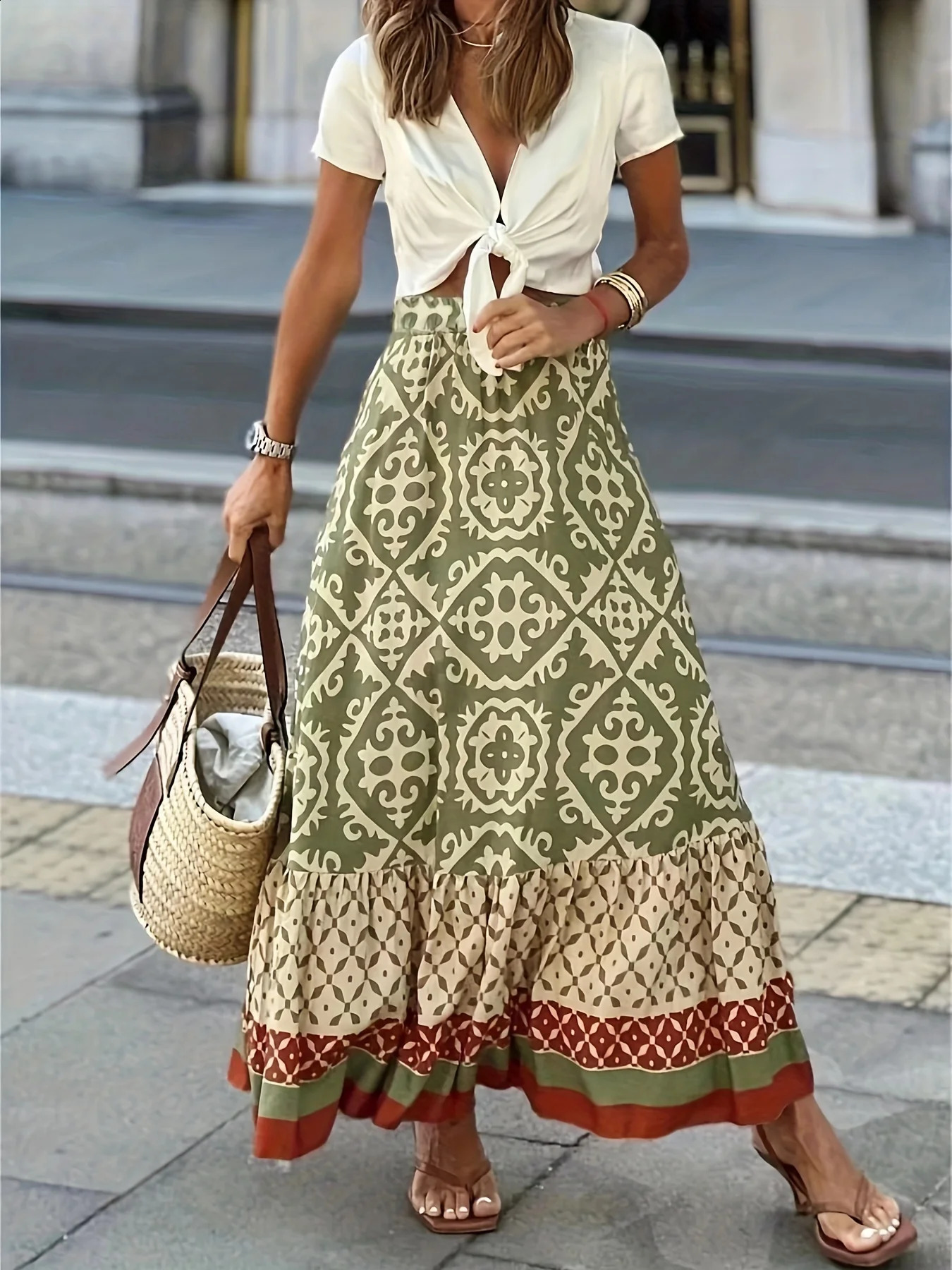 Plus size womens summer yellow and green bohemian irregular pattern polyester fiber large leather jacket fashionable retro random printskirt 250408