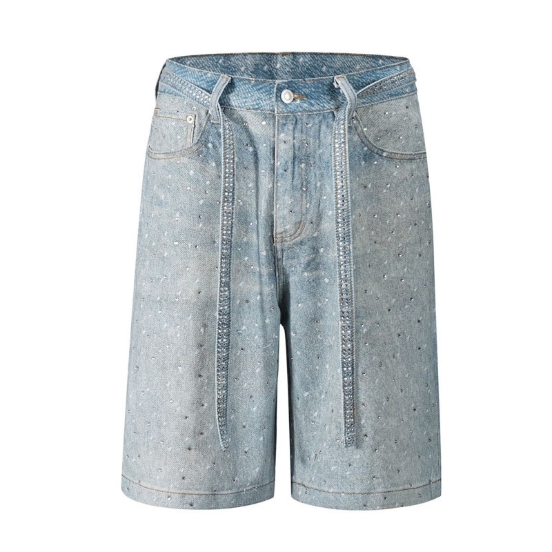 PFNW American High Street Heatmelting Denim Shorts Mens Loose Straight Knee Length Pants Belt Jeans 28W6067 w250317