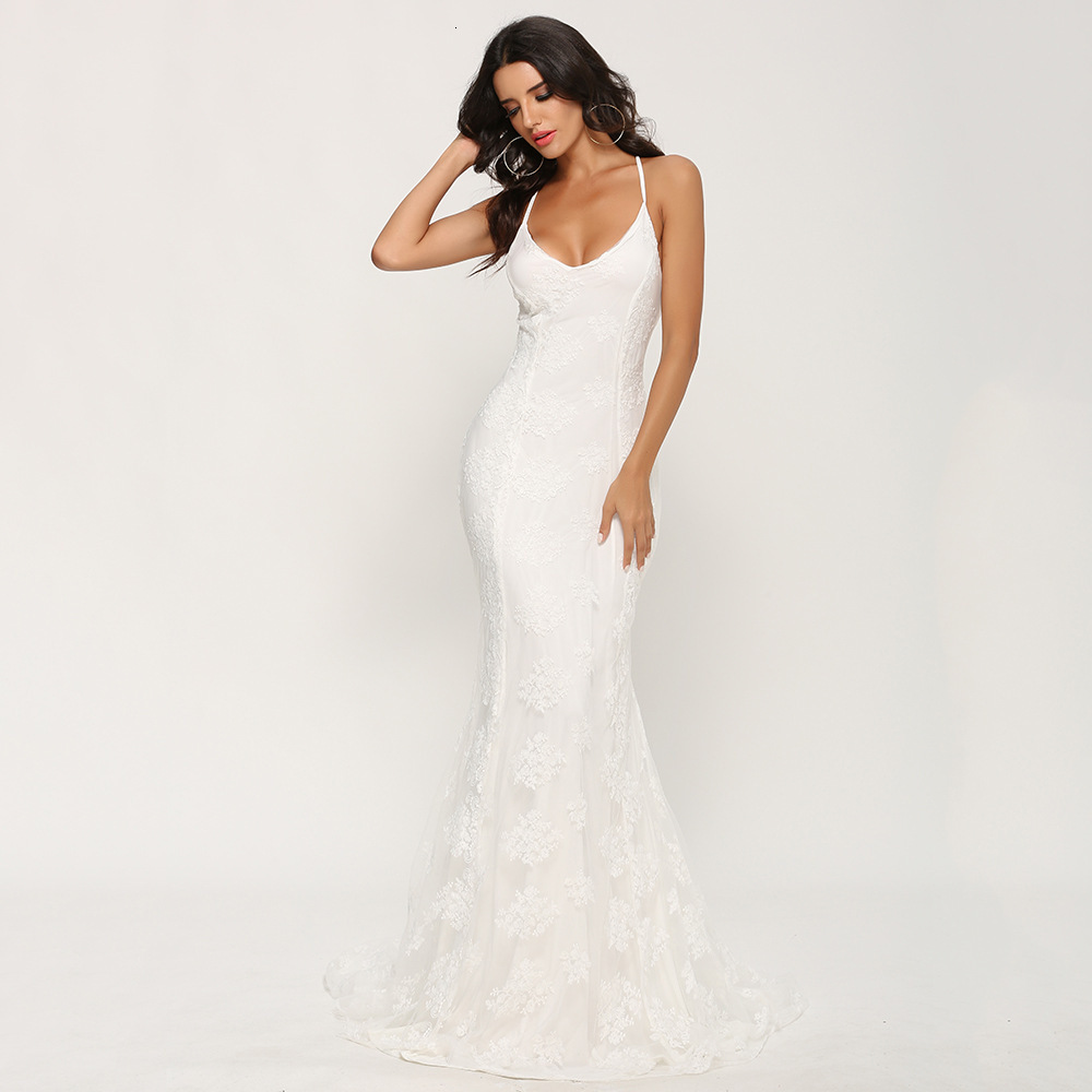 Women's Sexy Strap V-Neck Large Tail Wedding Dress