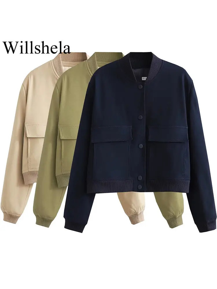 Willshela Women Fashion Solid Bomber Jackets Coat With Pockets VNeck Single Breasted Long Sleeves Female Chic Lady Outfits 251103