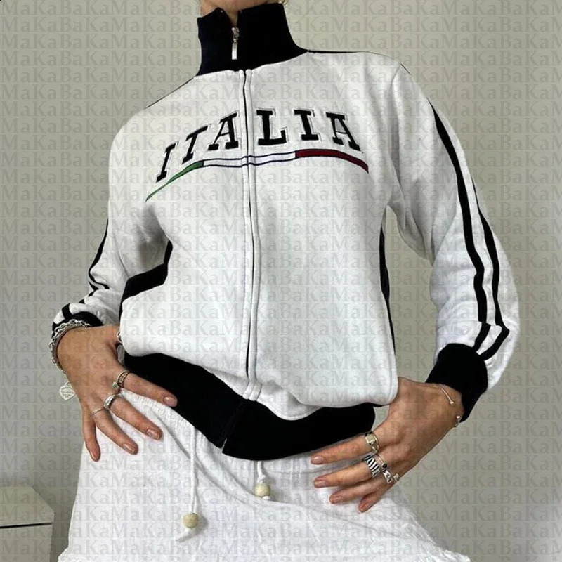 Italian retro womens plus size letter ed zipper jacket sportswear Y2K hooded sweatshirt autumn and winter 250314