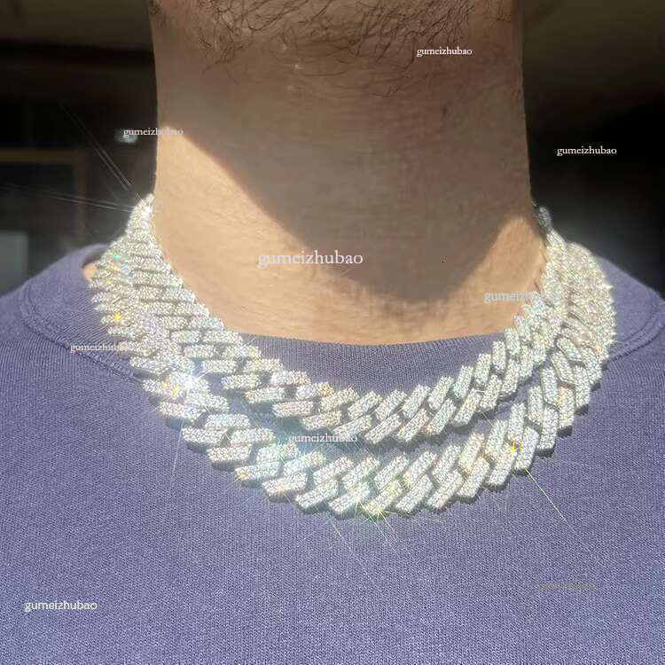 Gold Plated 100% Pass Tester 2rows VVS Moissanite 8mm-15mm Wide Sier Cuban k Chain for Hip Hop Rapper Jewelry