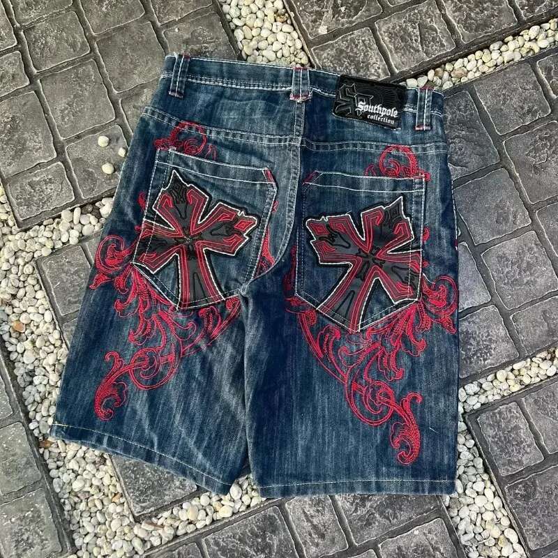 Gothic Punk Cross Graphic Print Design Denim Short For Men 2024 New Fashion Comfortable Versatile Casual Jorts Shorts Y2k