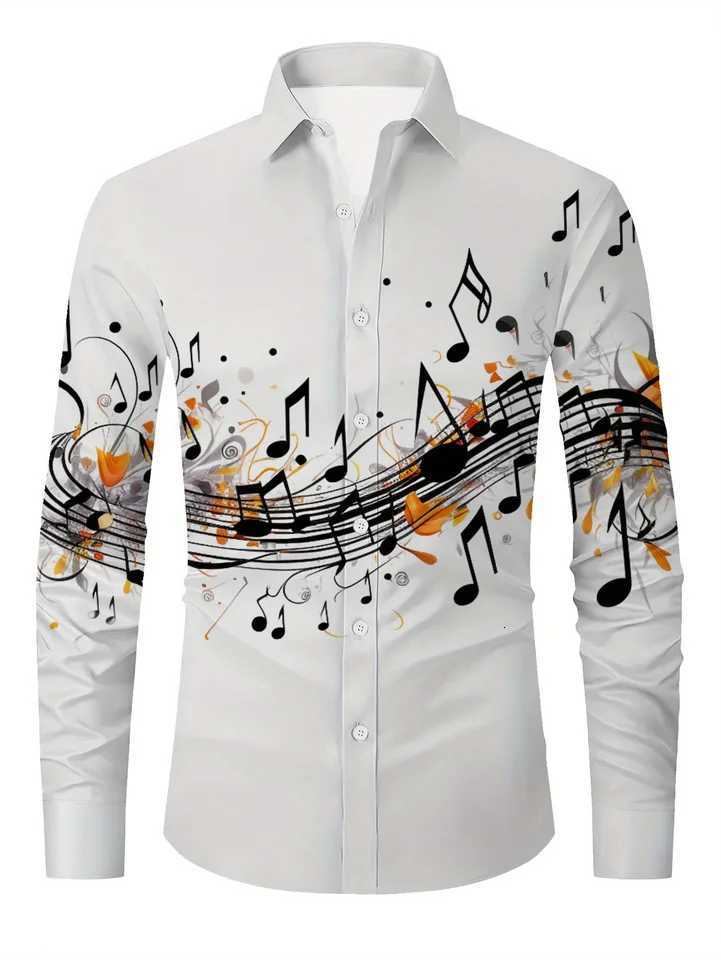 Mens Boho Chic Note Print Shirt Black Orange Music Design Button Up Long Sleeve Regula K251110