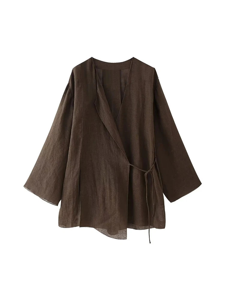 Wide Leg Pants Sets 2 Pieces Women Fashion Lace Up Kimono Tops Womens Suit Two Piece Set Spring Women Outfit 251105