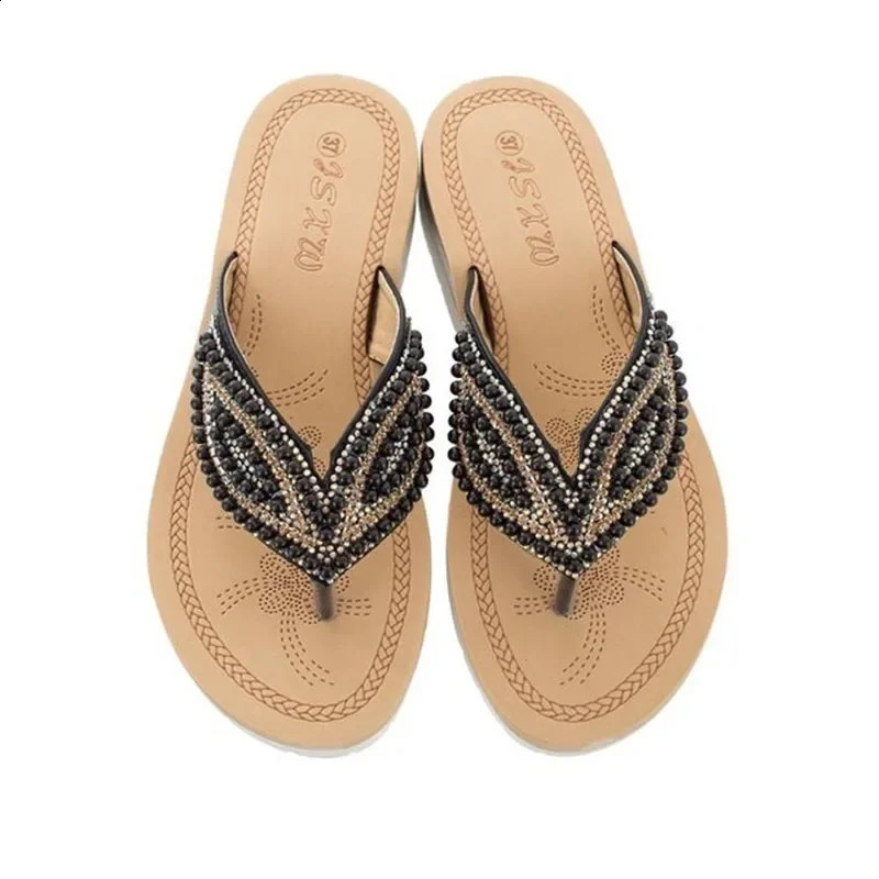 BEYARNE Fashion Womens Beach Slide Pearl Leaf Womens Sandals Casual Non slip Flat Flip Womens Slippers 250408