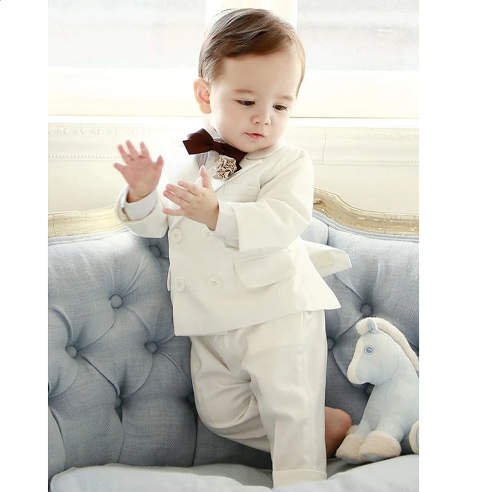 Kids Boys White Blazer Suspenders Pants 3PCS Set Children Baptism Wedding Suit Baby Boy Elegant Dress Party Costume 250410