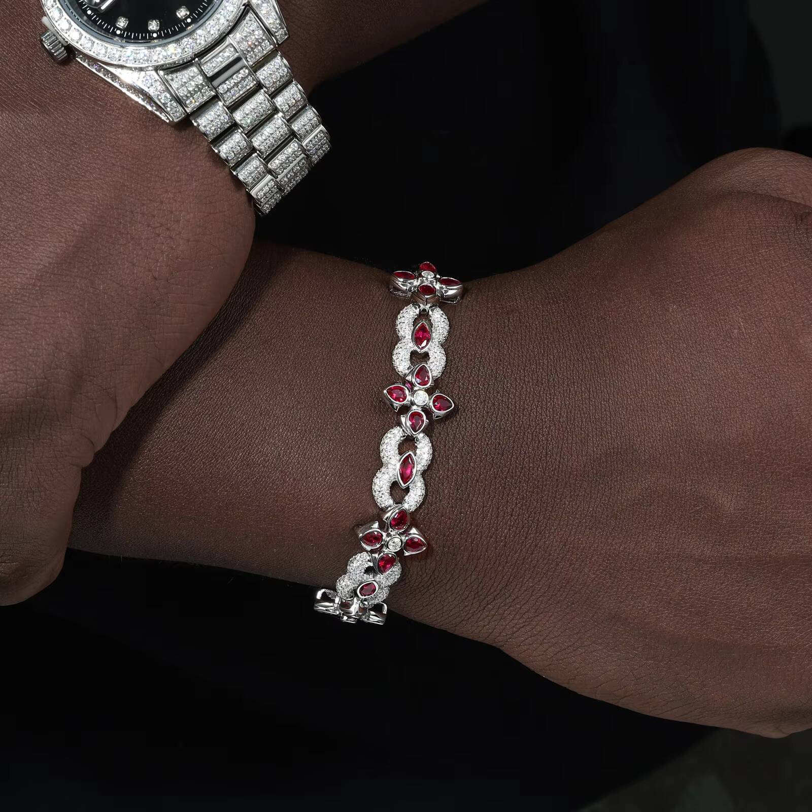 Fine Jewelry Luxury Men 10mm 14mm 925 Sterling Silver VVS Moissanite Diamond Colorful Moissanite Four Leaf Clover Infinity Link Bracelet