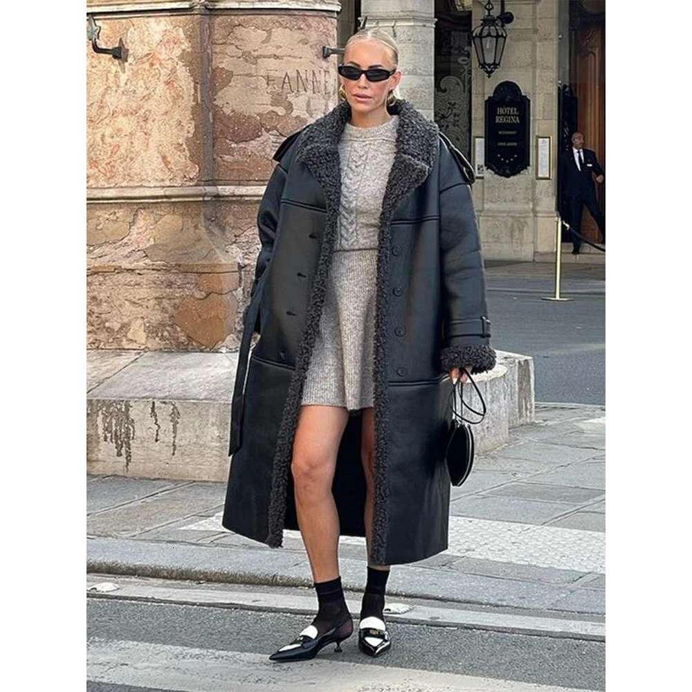 Faux Fur Leather Jacket Women Lapel Long Sleeve Belt Thicken Female Coats 2024 Winter Fashion Street Patchwork Lady Outwear
