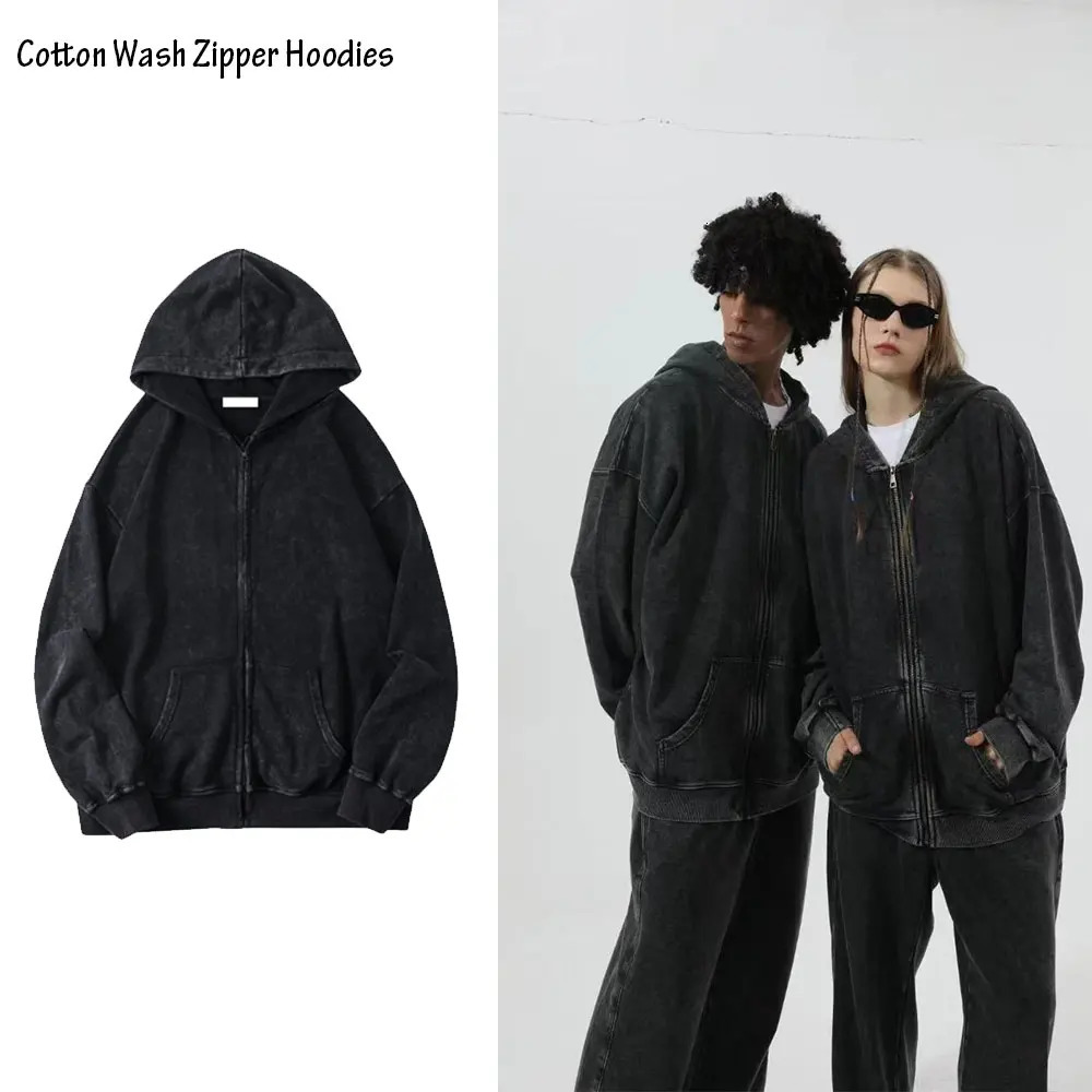 Wash Zip Up Hoodie Harajuku Retro Gothic Graphic Soild Color Jacket Sweatshirt High Quality Cotton Men Women Clothing 251110