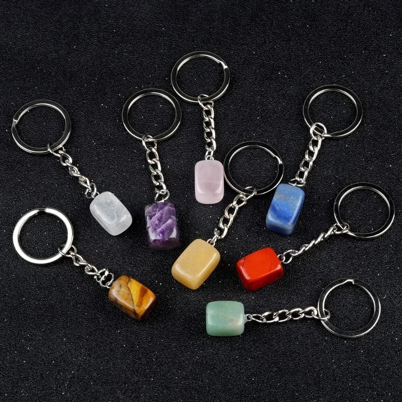 10pcs mixed 16mm rectangular cubic natural stone keychain treatment crystal car decoration keychain 250409