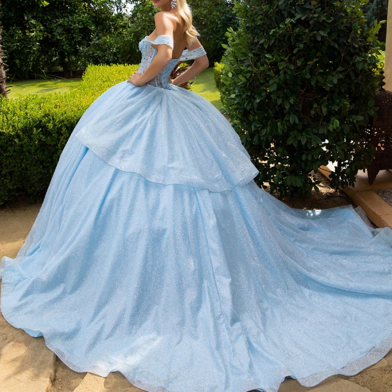 Sky Blue Shiny Princess Quinceanera Dresses Off Shoulder Beading Crystal Tull Corset Sweet 16 Dress Ball Gown Vestidos 15 Anos